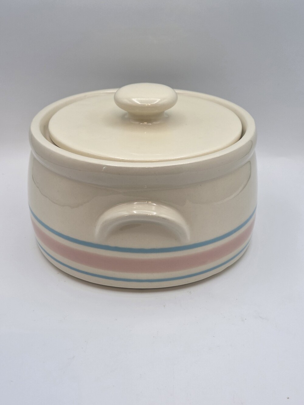 McCoy 1421 Pink & Blue Stripes Lidded Bean Pot Casserole - Picture 2 of 7